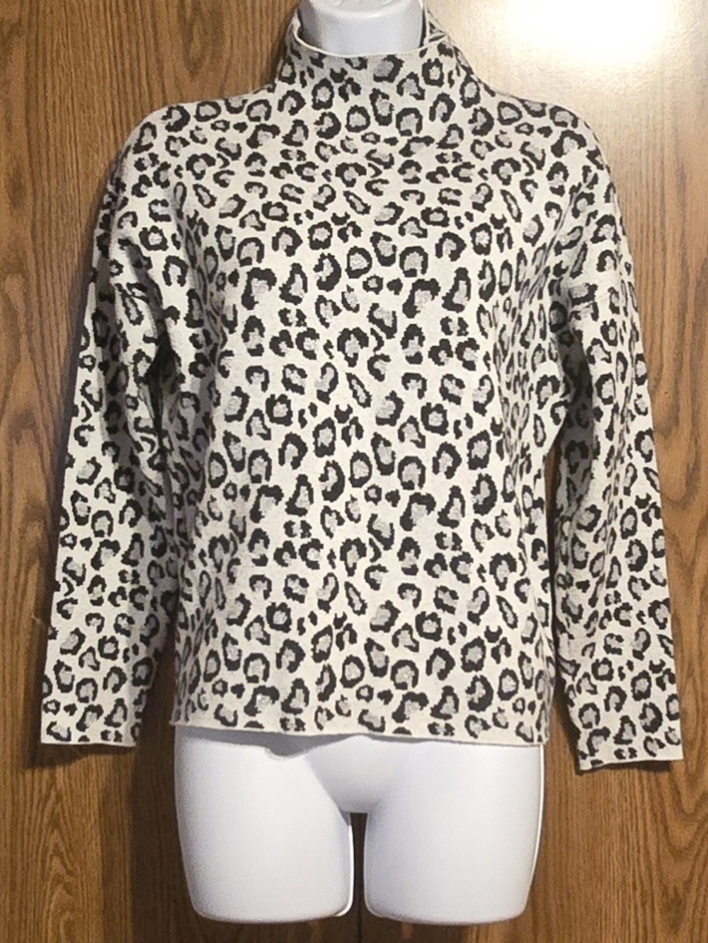 Cynthia Rowley Cream and Black Leopard Mock Neck Sweater